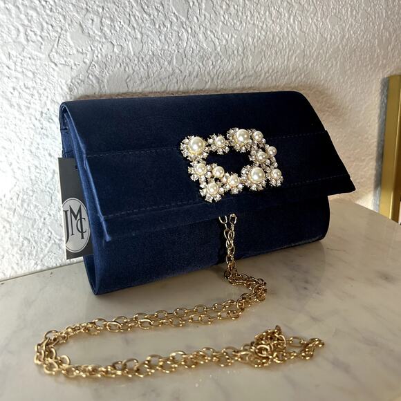 Jessica McClintock Navy Satin Evening Bag Womens NWT Rhinestone Pearl Chain - Picture 1 of 8